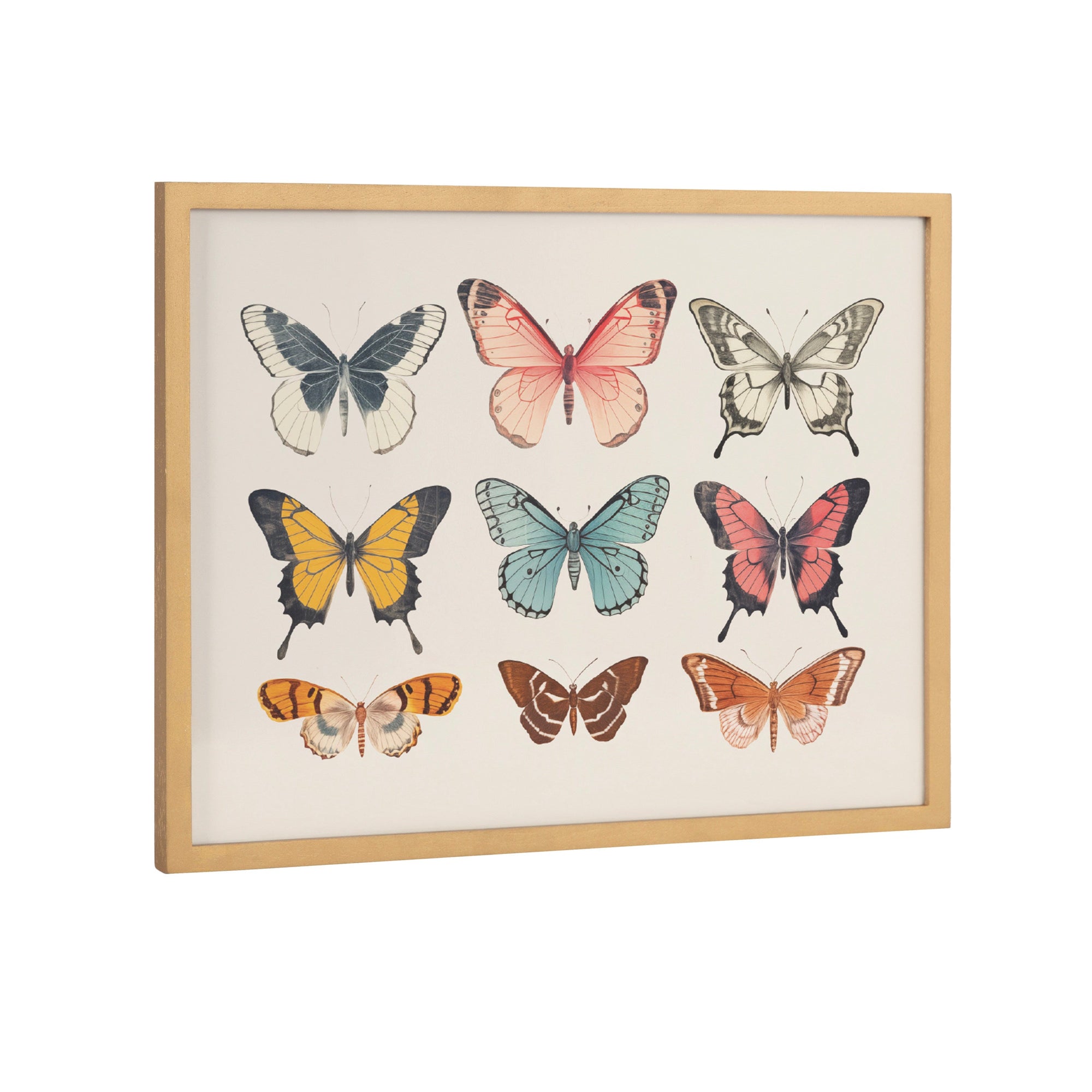 Framed print of muted pastel butterflies in vintage style with a solid wood gallery frame