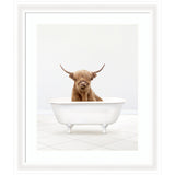 Framed wall art print depicting a Highland cow in a solo bathtub, by Amy Peterson.