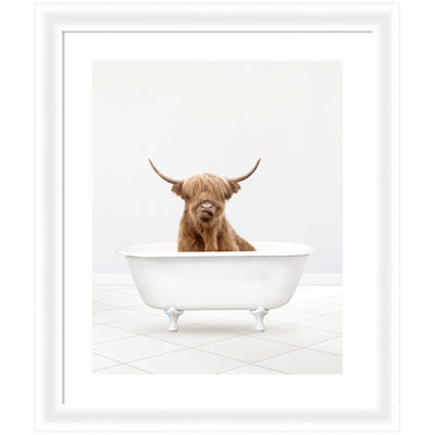 Framed wall art print depicting a Highland cow in a solo bathtub, by Amy Peterson.