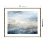 Abstract horizontal art with blended blue, gray, and beige tones evoking a serene oceanic atmosphere, framed in light wood measuring 42 by 34 inches.