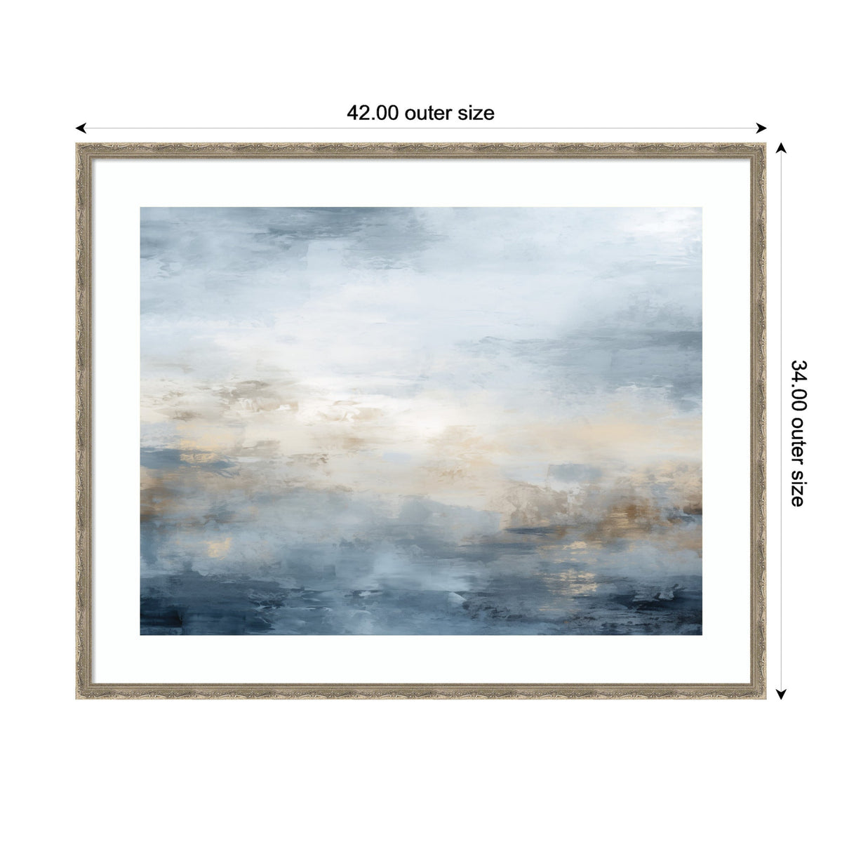 Abstract horizontal art with blended blue, gray, and beige tones evoking a serene oceanic atmosphere, framed in light wood measuring 42 by 34 inches.