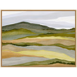 Abstract landscape painting with layered horizontal bands of muted green, brown, yellow, and gray tones evoking hills under a soft, cloudy sky.