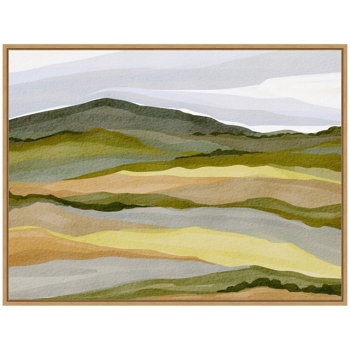 Abstract landscape painting with layered horizontal bands of muted green, brown, yellow, and gray tones evoking hills under a soft, cloudy sky.