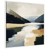 Abstract modern landscape painting depicting a mountain lake with dark green and beige hills reflecting on calm water under a soft, muted sky.