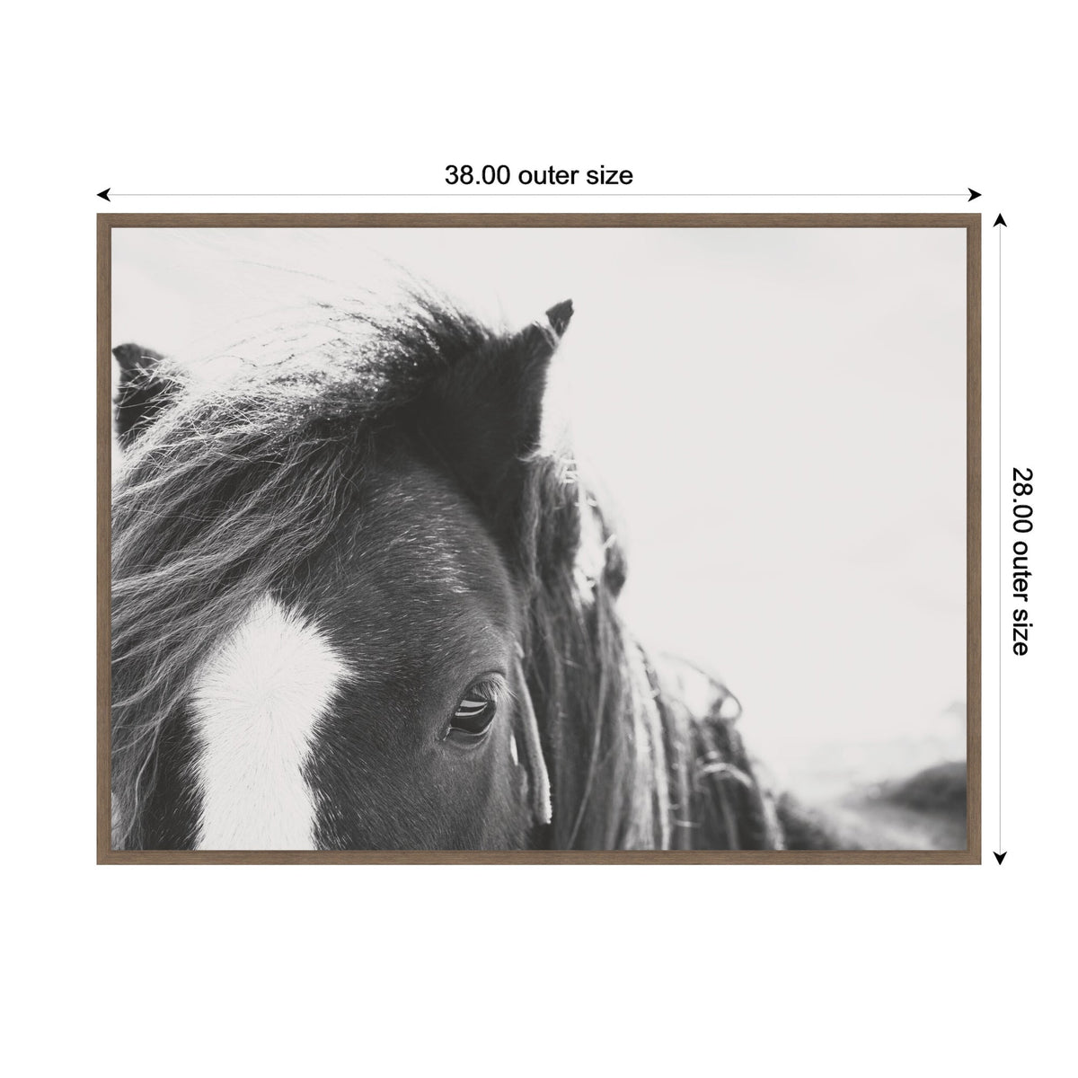 Black and white close-up photo of a horse's head featuring a white blaze and tousled mane against a soft background, framed in light wood.