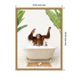 Young orangutan raising arms joyfully in a vintage clawfoot bathtub filled with bubbles, flanked by large green tropical leaves on a tiled floor.