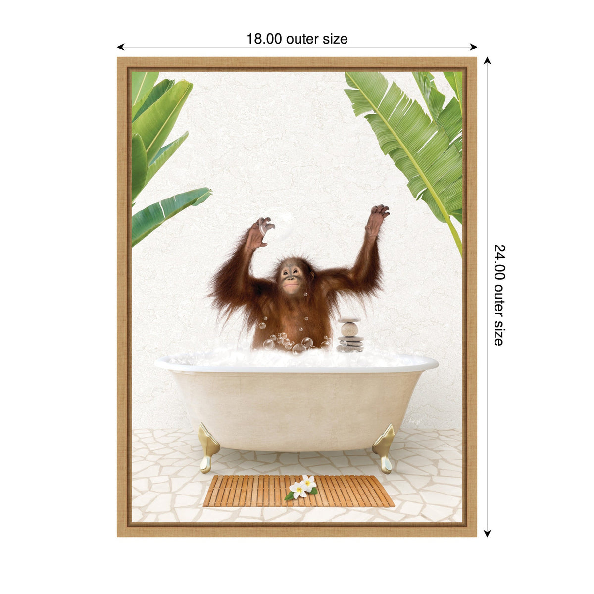 Young orangutan raising arms joyfully in a vintage clawfoot bathtub filled with bubbles, flanked by large green tropical leaves on a tiled floor.