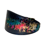 Curved 3-inch wide custom snake collar with black textured base and vibrant abstract splashes of teal, pink, and gold in an Art Deco style