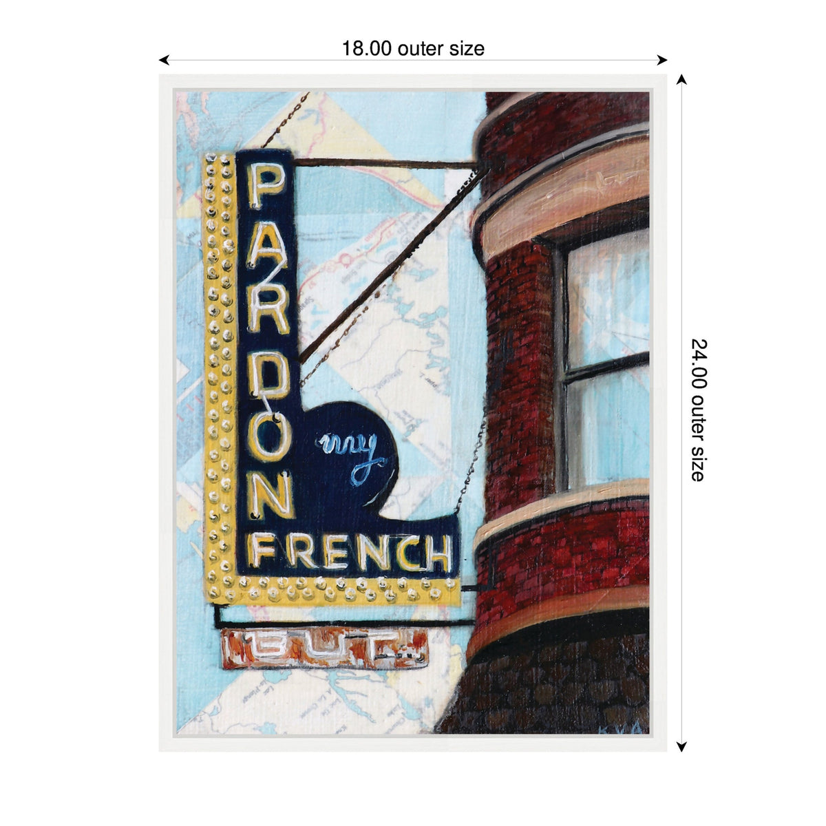 Framed canvas painting of a vintage blue and yellow neon sign reading 'Pardon my French' mounted on a red brick building corner against a light blue sky background.