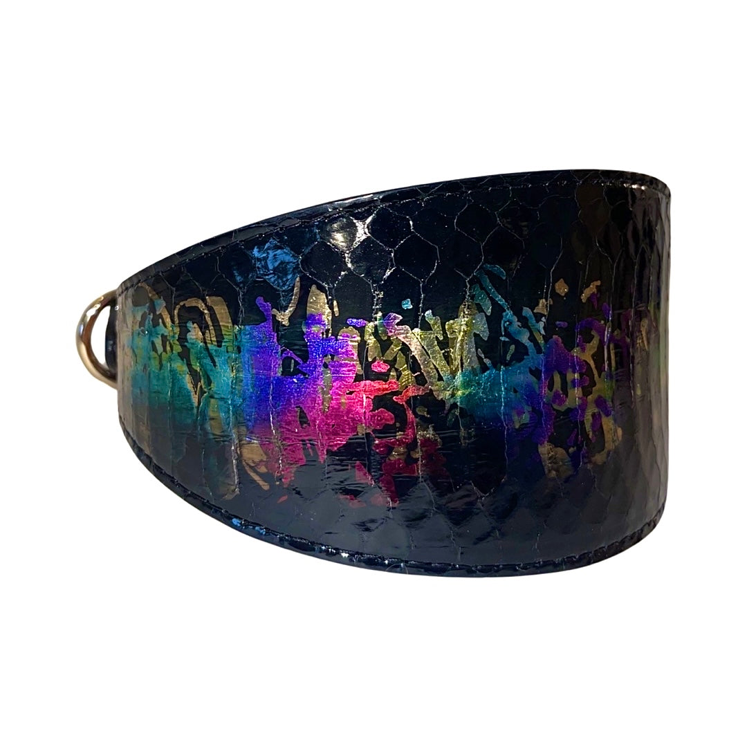 Wide black snake-patterned collar with a glossy finish featuring a multicolor Art Deco-inspired iridescent pattern across the center, tapering from wide to narrow ends.
