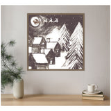 Monochrome canvas showing a snowy village scene with houses, tall pine trees, and Santa Claus with reindeer silhouetted against a full moon in a starry sky.