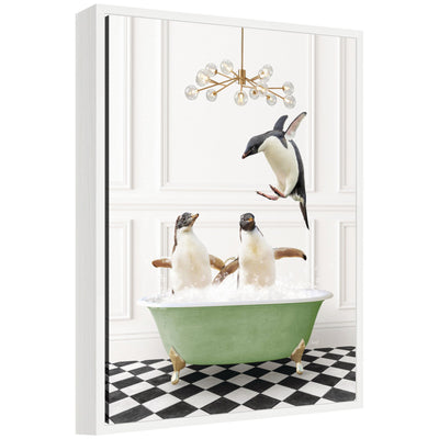 Framed canvas art showing Sylvie penguins in a green bathtub on a black and white checker floor by Amy Peterson