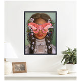 Framed portrait of a woman with braided hair adorned with small purple flowers and a large pink moth covering her eyes against a green background.