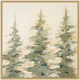 Abstract painting of three evergreen trees in muted green and beige brushstrokes with a soft, textured background inside a light wood frame.