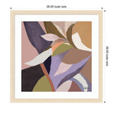 Abstract artwork featuring interwoven organic shapes in muted purples, browns, beige, and white within a light wood square frame, measuring 26 inches each side.