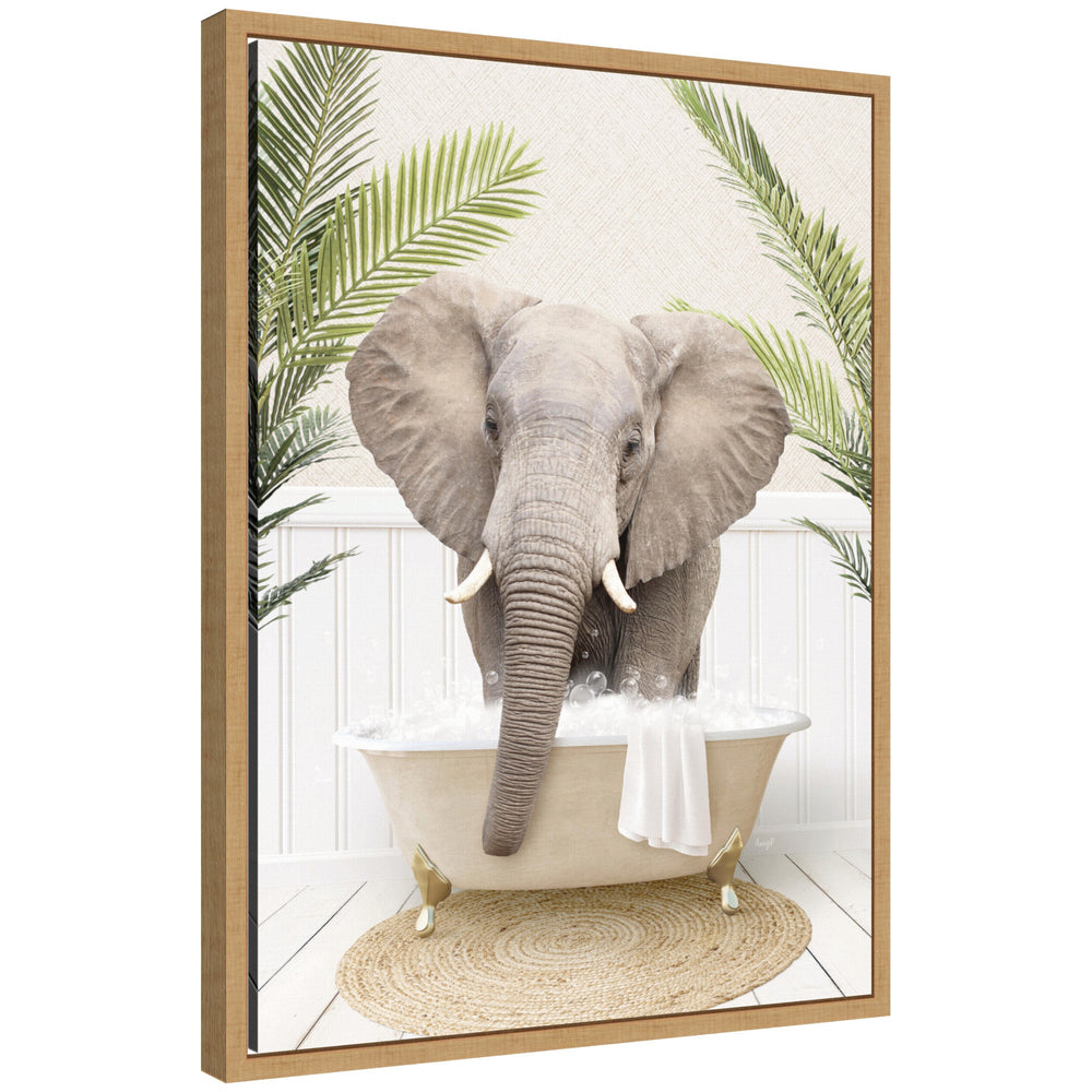 Framed canvas art titled Sylvie Elephant Front Palm Bathtub by Amy Peterson showing an elephant sculpture in front of a palm leaf on canvas