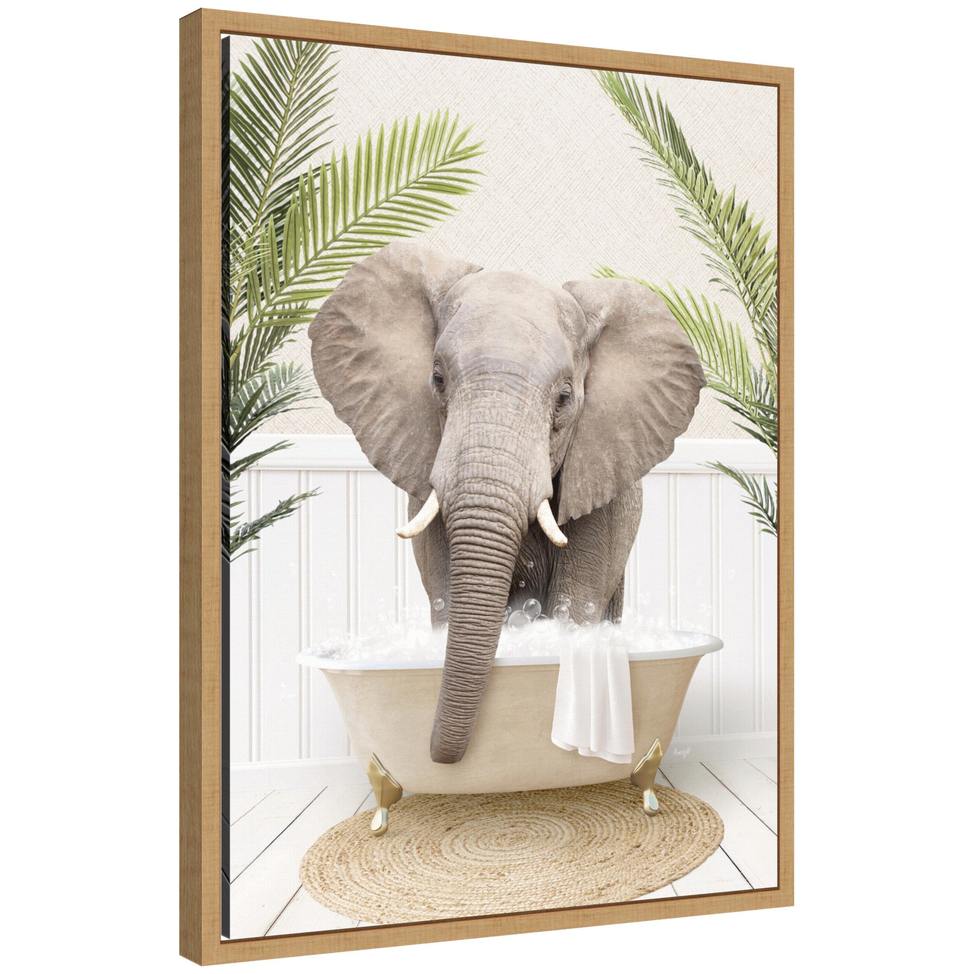 Framed canvas art titled Sylvie Elephant Front Palm Bathtub by Amy Peterson showing an elephant sculpture in front of a palm leaf on canvas