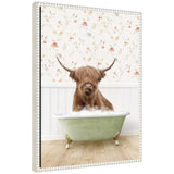 Framed canvas art depicting Sylvie Highland Cow in a cottage farm bath by Amy Peterson