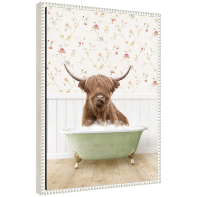 Framed canvas art depicting Sylvie Highland Cow in a cottage farm bath by Amy Peterson