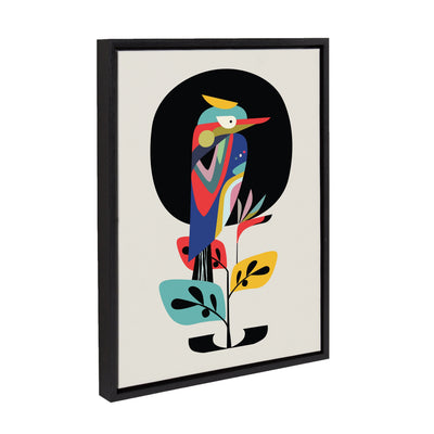Sylvie Mid Century Modern Kookaburra Moon framed canvas by Rachel Lee showing stylized kookaburra bird against moon with geometric background in black frame