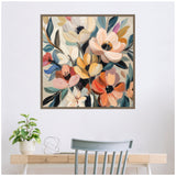 Square framed canvas with an abstract floral bouquet featuring large cream, peach, orange, and blue flowers with leafy accents against a muted background.