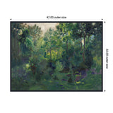 Framed canvas print of a dense, green wooded landscape with layered foliage in various shades of green, illuminated softly through the canopy, sized 42x32 inches.
