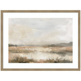 Abstract landscape in neutral tones featuring soft beige and gray clouds above a hazy field with brushstroke texture and a muted water reflection in the foreground.