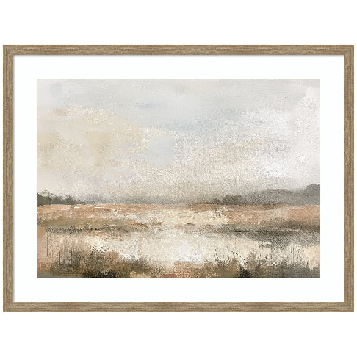 Abstract landscape in neutral tones featuring soft beige and gray clouds above a hazy field with brushstroke texture and a muted water reflection in the foreground.