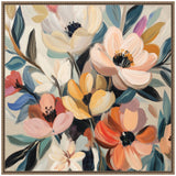 Abstract bouquet painting with soft pink, orange, yellow, and white flowers surrounded by green and blue leaves on a beige background, framed in a textured gold frame.