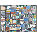 Abstract horizontal canvas featuring a grid of varied rectangles and rounded shapes in muted blues, oranges, greys, and creams with black outline accents.