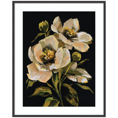 Framed Art Moody Floral 8 by Annie Quigley showing pale flowers on dark background in black narrow frame