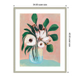 Painting of white flowers with brown centers and green leaves in a light blue vase against a blush pink background, framed with a white mat and silver frame.