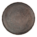 Top view of a round coffee table with a textured dark brown surface and slightly raised, uneven edges resembling natural material.