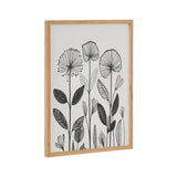 Framed black and white linocut print of tall stylized botanical flowers with detailed leaves and fan-shaped blooms in a natural wood frame.