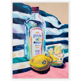 Colorful painting of a gin bottle, a whole lemon with a sticker, and a glass containing lemon wedges against a blue and white striped background on a pink surface.