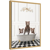 Framed floating canvas art showing three bears in gray bathtub on black and white checker floor by Amy Peterson