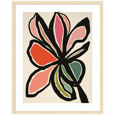 Framed Art Midnight Floral 1 by Alicia Bock showing an abstract flower with black outlines and red, pink, green petals on neutral background