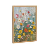 Framed print of a boho wildflower garden with multicolored flowers in reds, yellows, pinks, and whites on a blue and green background.