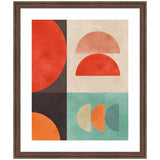 Abstract geometric composition with red and orange semicircles against beige, black, and teal rectangular backgrounds in a wooden frame