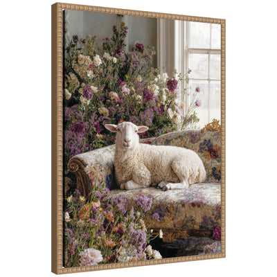 Framed canvas art titled Cute Sheep in Romantic Flowers by Michael Schauer showing a sheep among pink and orange flowers in a beaded rustic natural frame