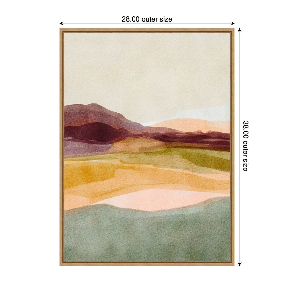 Abstract landscape with layered hills in soft green, peach, golden yellow, burgundy, and beige tones, framed in a thin light wood frame, measuring 28 by 38 inches.