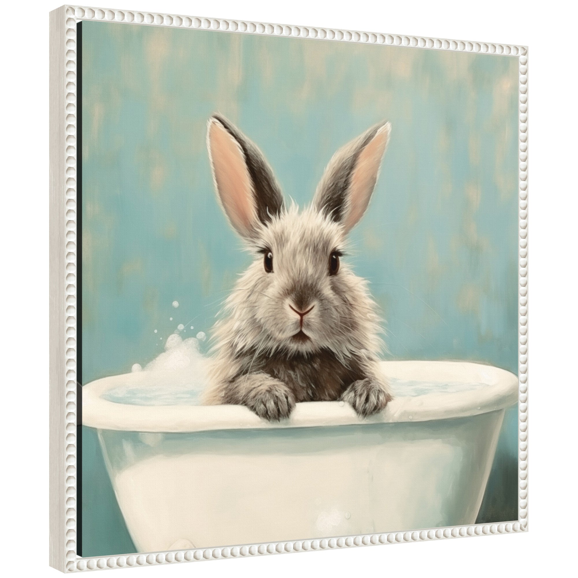 Framed canvas print showing a white bunny in a bathtub with vintage beaded frame