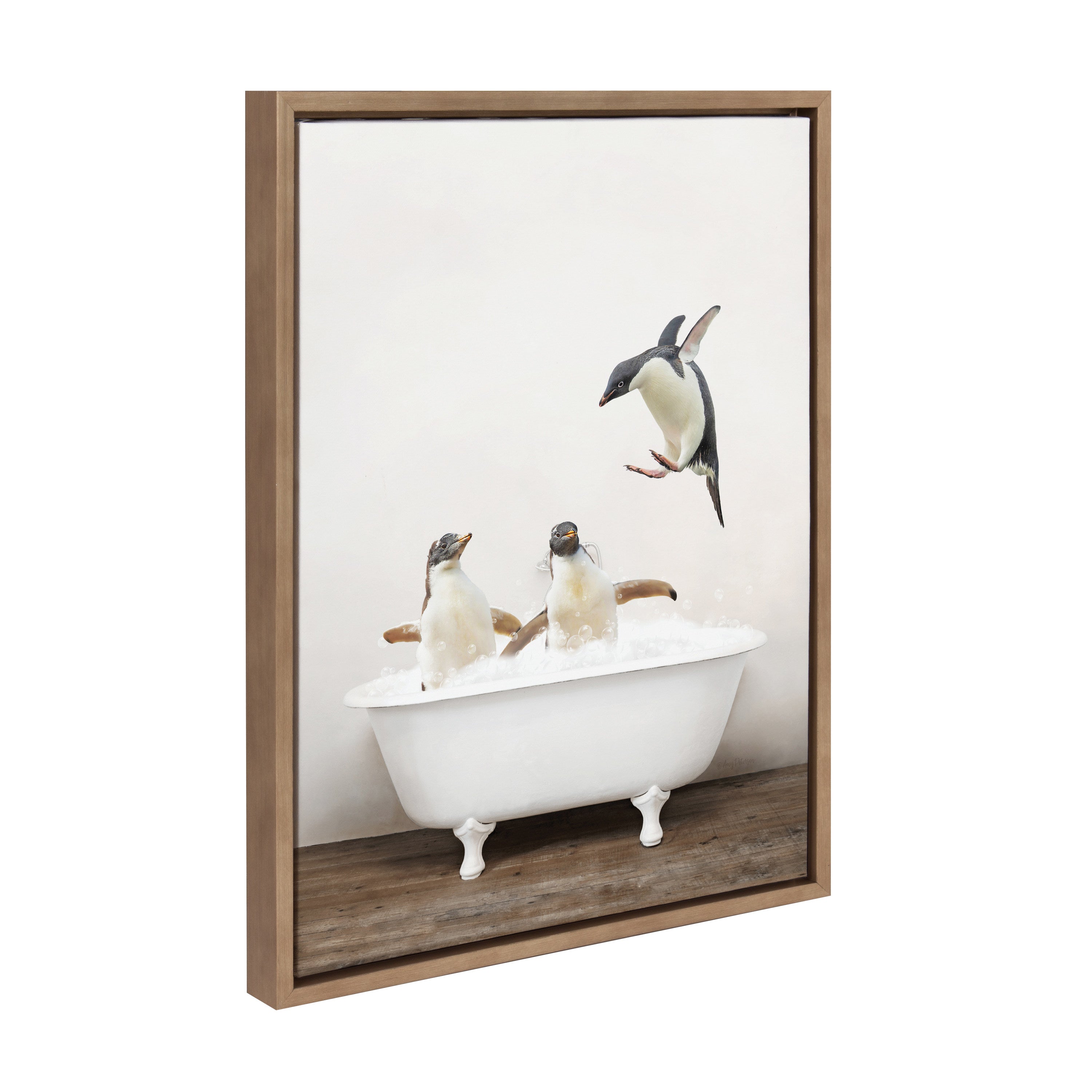 Sylvie Penguins Playing in Rustic Bath Framed Canvas