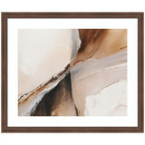 Abstract art print with soft flowing shades of brown, beige, and gray blending in a fluid composition, framed in medium brown wood with white matting