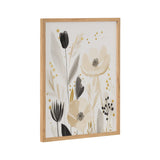 Framed floral abstract print with muted beige and black flowers, soft gray leaves, and small gold dot accents on white background.