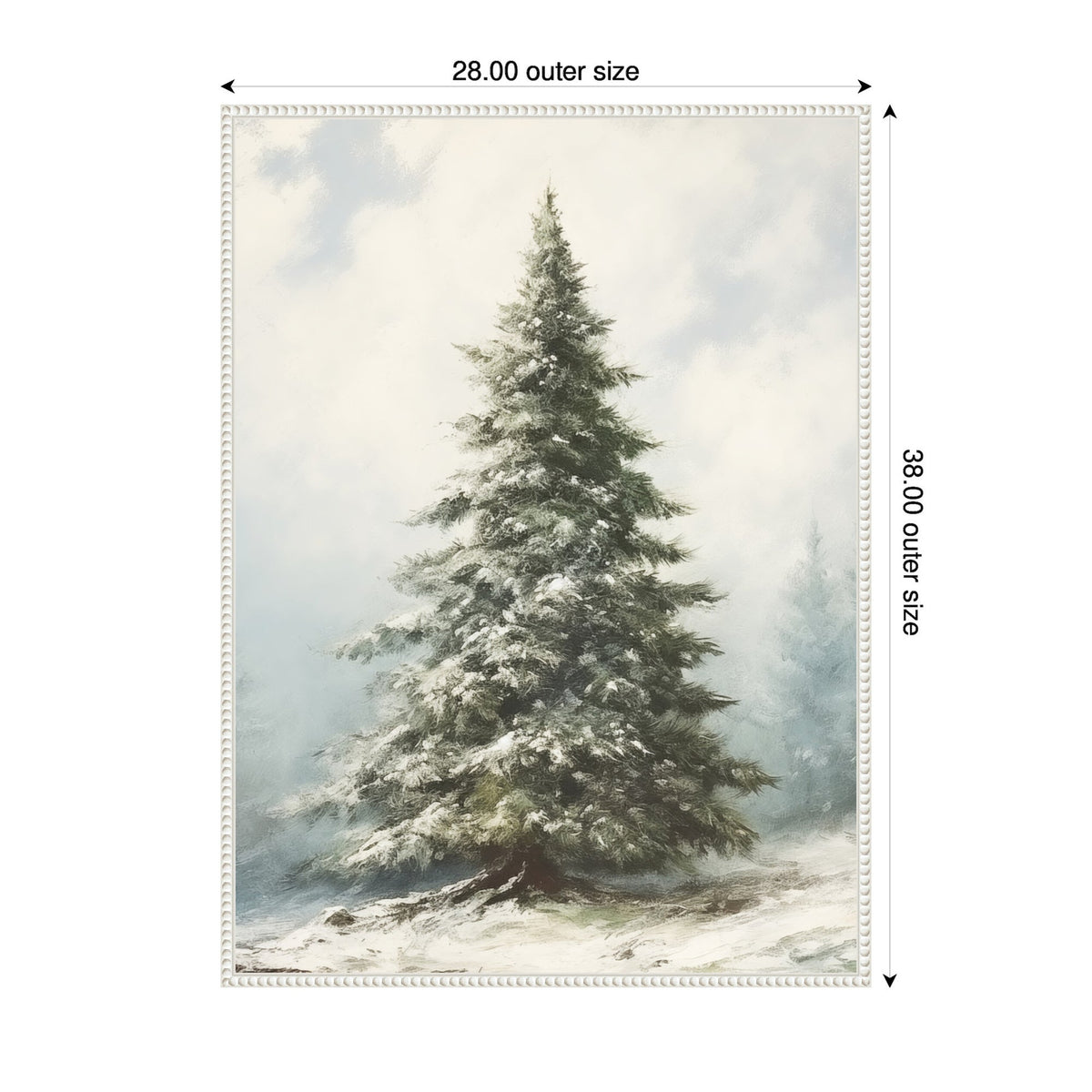 Framed canvas artwork of a snow-covered evergreen fir tree standing alone in a cloudy, muted winter landscape with soft light and subtle shadows.