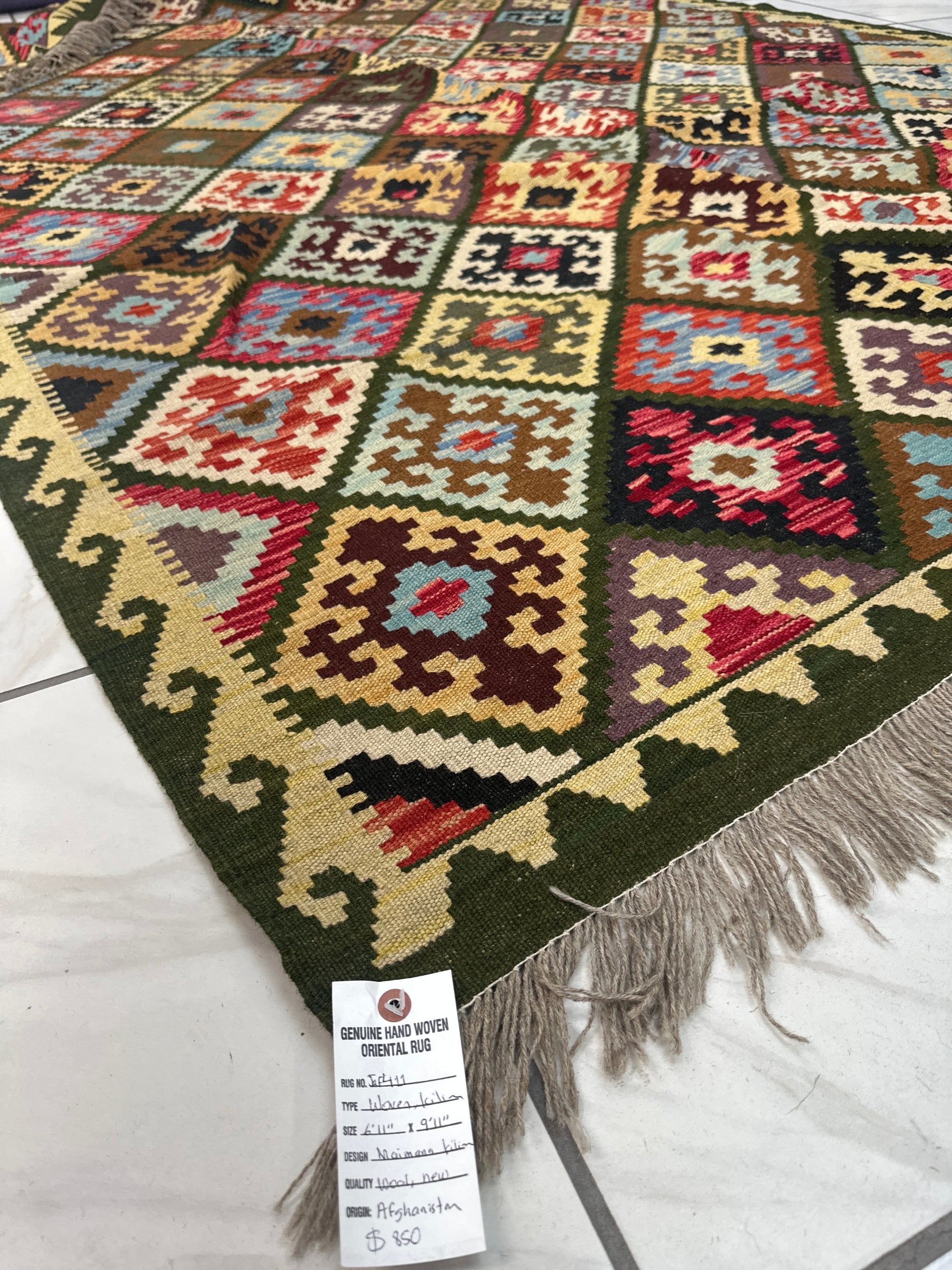 Hand-knotted Afghani Wool Kilim Rug 6’11”x9’11” by Rugistan - main product image for Resin Society