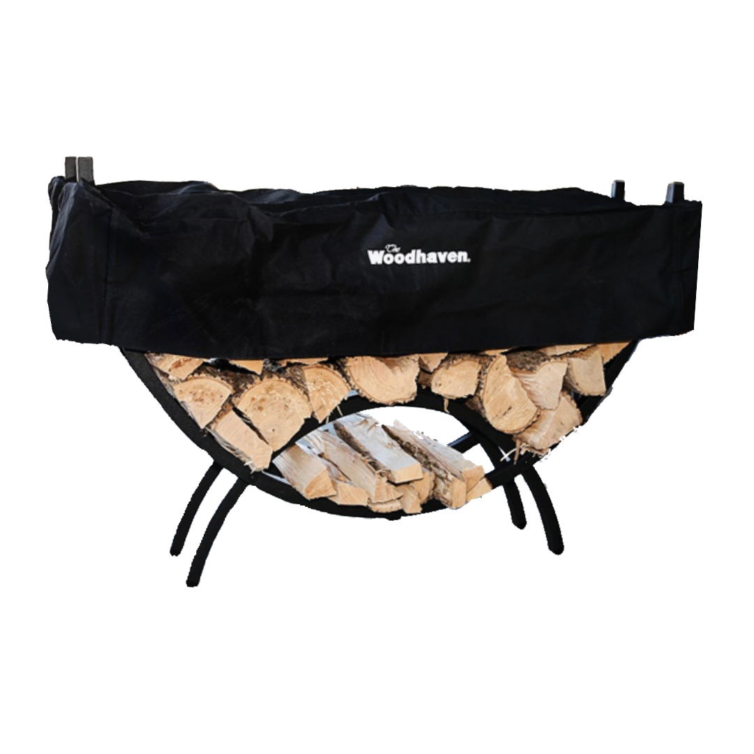 Woodhaven 5 ft Crescent Firewood Rack with black powder coat finish and seasoning cover