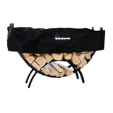 Woodhaven 5 ft Crescent Firewood Rack with black powder coat finish and seasoning cover