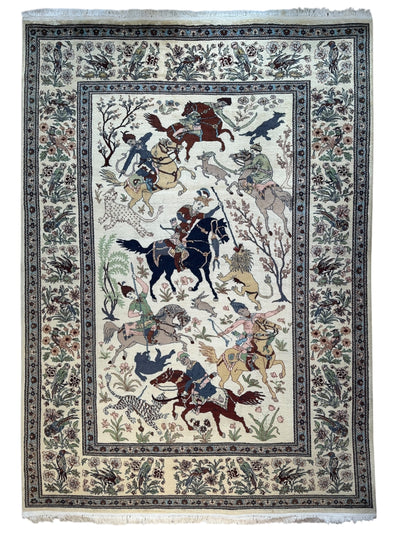 Hand-Knotted Lahore Hunting Scene Wool Rug – 8’ x 11’3” – Vintage 1950s by Rugistan - main product image for Resin Society
